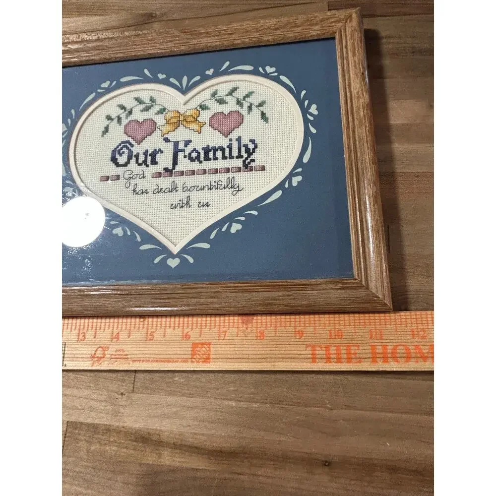 Framed “Our Family” Cross Stitch Sampler Christian Scripture Heart Country Decor